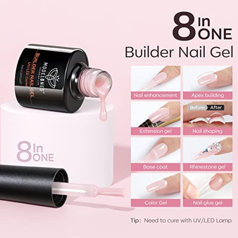 Modelones 빌더 네일 젤 세트, 6가지 색상 젤 빌더 8-in-1, 젤리 누드 핑크 하드 젤 빌더 네일 강화제 확장 젤 컬러 베이스 젤 라인스톤 네일 팁 병에 담긴 접착제 젤, 여성용 선물