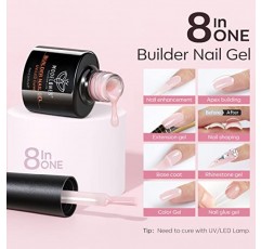 Modelones 빌더 네일 젤 세트, 6가지 색상 젤 빌더 8-in-1, 젤리 누드 핑크 하드 젤 빌더 네일 강화제 확장 젤 컬러 베이스 젤 라인스톤 네일 팁 병에 담긴 접착제 젤, 여성용 선물