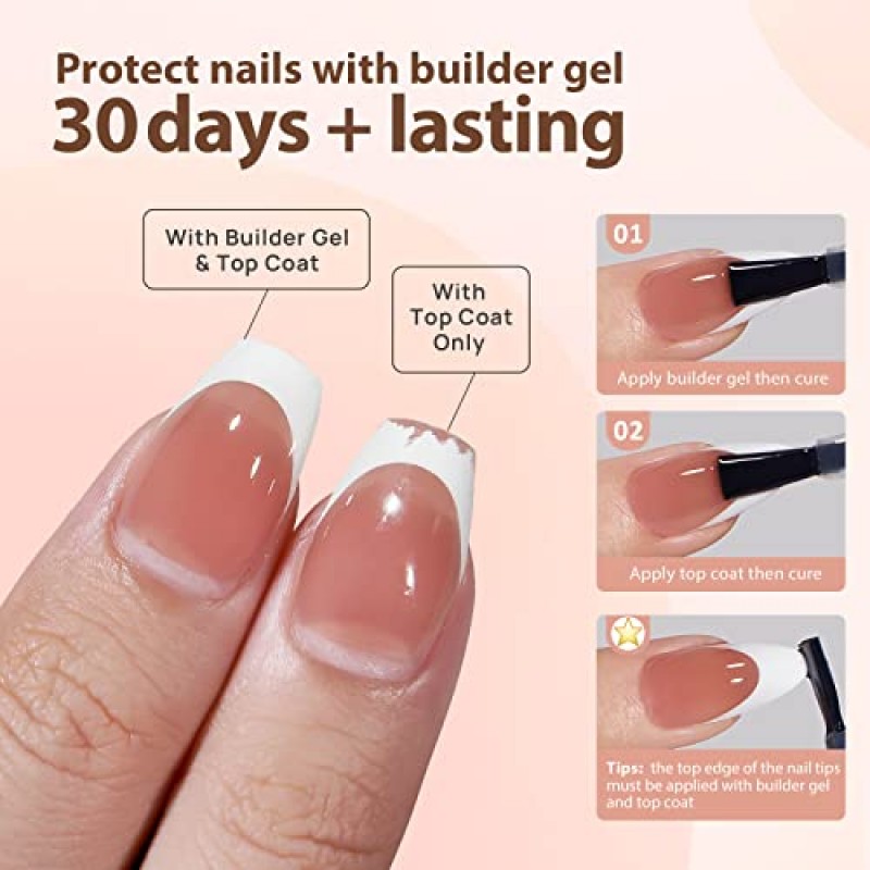 BTArtboxnails 프렌치 젤 네일 팁 -160개 손톱 위 프렌치 팁 프레스 갈색 짧은 관 3 in 1 X-코트 팁 사전 적용된 팁 프라이머 및 베이스 코트, 네일 아트용 가짜 손톱을 다듬을 필요 없음 DIY 16 사이즈
