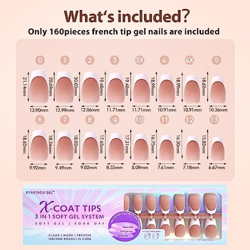 BTArtboxnails 프렌치 젤 네일 팁 -160개 손톱 위 프렌치 팁 프레스 갈색 짧은 관 3 in 1 X-코트 팁 사전 적용된 팁 프라이머 및 베이스 코트, 네일 아트용 가짜 손톱을 다듬을 필요 없음 DIY 16 사이즈