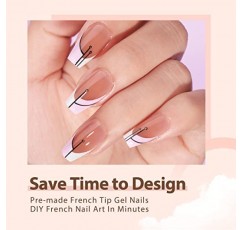 BTArtboxnails 프렌치 젤 네일 팁 -160개 손톱 위 프렌치 팁 프레스 갈색 짧은 관 3 in 1 X-코트 팁 사전 적용된 팁 프라이머 및 베이스 코트, 네일 아트용 가짜 손톱을 다듬을 필요 없음 DIY 16 사이즈
