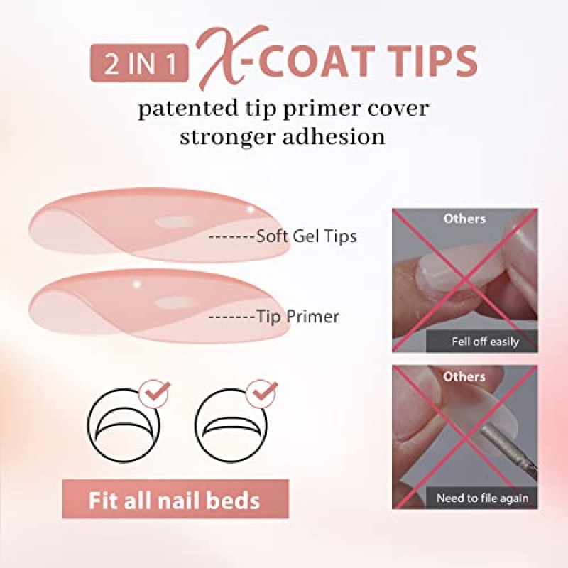 BTArtbox 아몬드 젤 네일 팁 - 소프트 젤 네일 팁 2 in 1 X-Coat 팁 미리 적용된 팁 프라이머, 더 강한 접착력, 사전 모양의 울트라 핏 가짜 손톱 짧은 손톱 연장, 150개 15개 크기