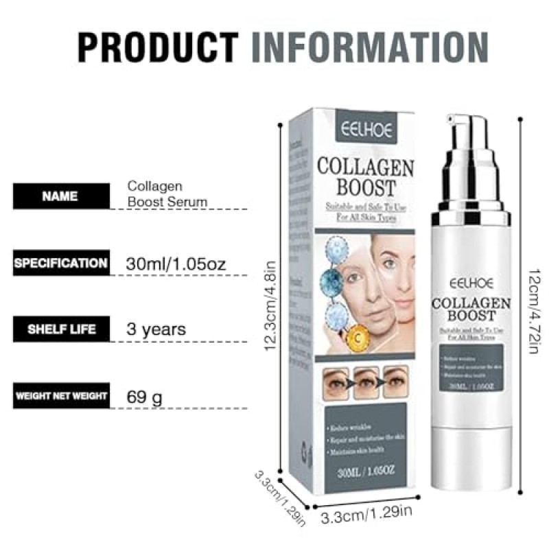 3 PCS EELHOE 콜라겐 부스트 안티 에이징 세럼, 여성용 콜라겐 부스터 세럼 페이스, 하이드레이팅 히알루론산 안티 링클 세럼, 에이징 스킨 케어 글로우 프로텍트 (90 ml)