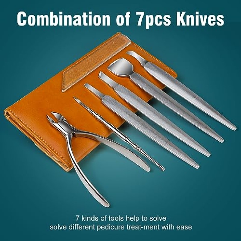 페디큐어 칼 자란 발톱 키트, 7 Pcs 전문 스테인레스 스틸 발 관리 키트, 네일 옥수수 굳은살을 위해 곡선으로 된 날카로운 블레이드가 있는 자란 발톱 도구, 남성 및 노인을 위한 PU 가죽 가방이 있는 페디큐어 키트