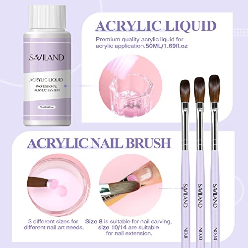 초보자를 위한 Saviland 아크릴 네일 키트 - 15g 클리어/화이트/핑크 아크릴 파우더 및 아크릴 네일 브러쉬가 포함된 액체 세트 네일 폼 유리 Dappen 접시 가정용 DIY용 스타터 아크릴 네일 키트 사용이 용이함