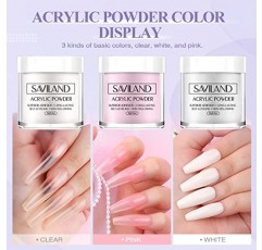 초보자를 위한 Saviland 아크릴 네일 키트 - 15g 클리어/화이트/핑크 아크릴 파우더 및 아크릴 네일 브러쉬가 포함된 액체 세트 네일 폼 유리 Dappen 접시 가정용 DIY용 스타터 아크릴 네일 키트 사용이 용이함
