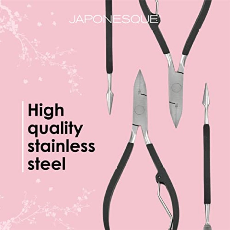 JAPONESQUE 소프트 터치 발톱깎기 & 큐티클 푸셔 매니큐어 세트, 살롱 품질 결과, 미끄럼 방지 그립, 스테인레스 스틸
