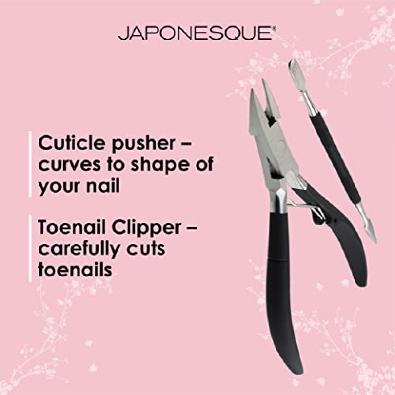 JAPONESQUE 소프트 터치 발톱깎기 & 큐티클 푸셔 매니큐어 세트, 살롱 품질 결과, 미끄럼 방지 그립, 스테인레스 스틸