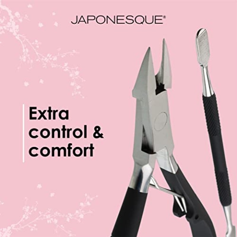 JAPONESQUE 소프트 터치 발톱깎기 & 큐티클 푸셔 매니큐어 세트, 살롱 품질 결과, 미끄럼 방지 그립, 스테인레스 스틸