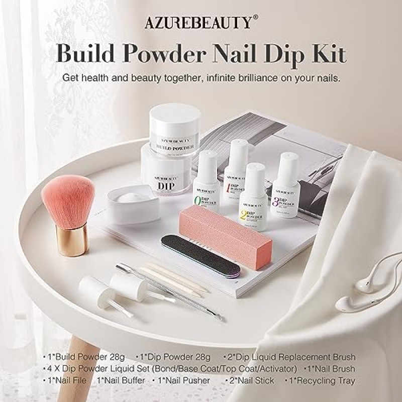 AZUREBEAUTY 클리어 & 화이트 딥 파우더 네일 키트, 28g/1Oz 15개 필수 디핑 빌드 파우더 기본 포함 딥 파우더 리퀴드 세트 초보자를 위한 탑 & 베이스 코트 본드 액티베이터 네일 매니큐어 살롱 홈