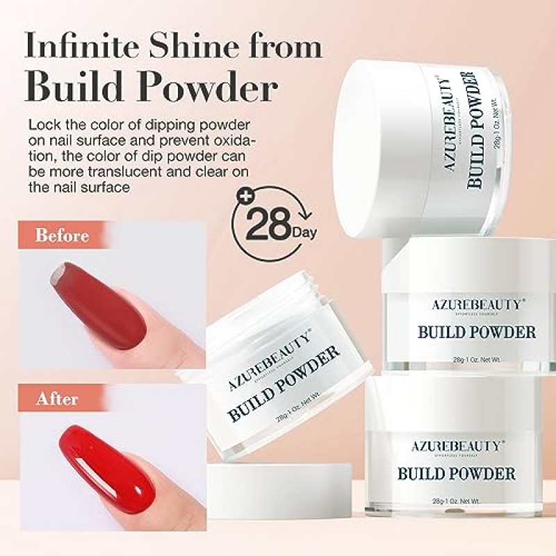 AZUREBEAUTY 클리어 & 화이트 딥 파우더 네일 키트, 28g/1Oz 15개 필수 디핑 빌드 파우더 기본 포함 딥 파우더 리퀴드 세트 초보자를 위한 탑 & 베이스 코트 본드 액티베이터 네일 매니큐어 살롱 홈