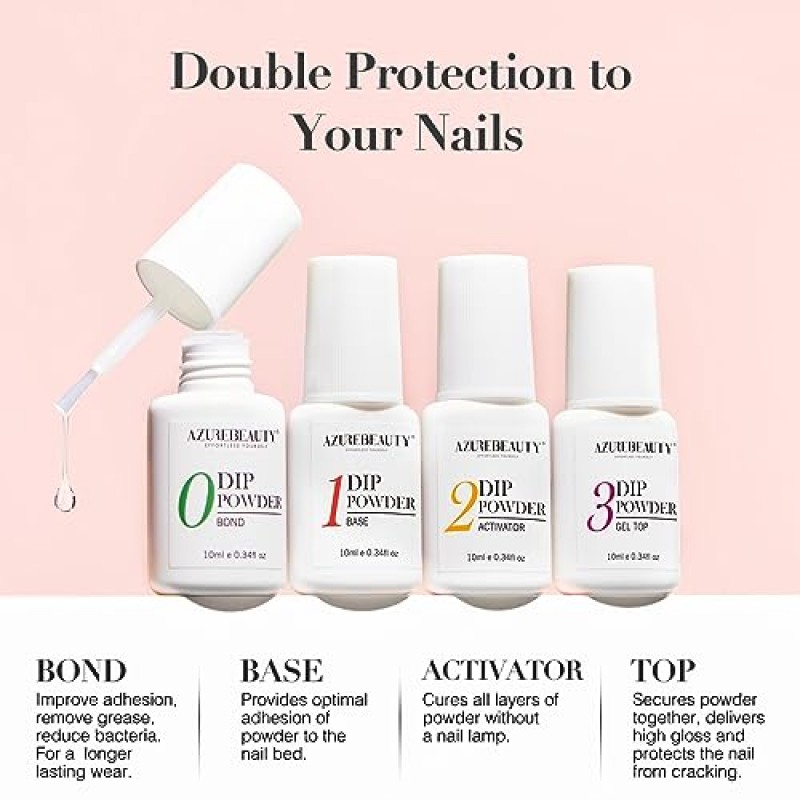 AZUREBEAUTY 클리어 & 화이트 딥 파우더 네일 키트, 28g/1Oz 15개 필수 디핑 빌드 파우더 기본 포함 딥 파우더 리퀴드 세트 초보자를 위한 탑 & 베이스 코트 본드 액티베이터 네일 매니큐어 살롱 홈