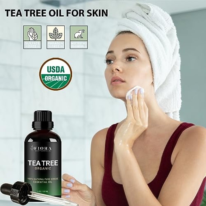 Fiora Naturals의 티트리 에센셜 오일 - 100% 순수 유기농 오일, 얼굴, 모발, 피부, 여드름, 두피, 발 및 발톱용. 멜라루카 알터니폴리아, 1온스/30ml