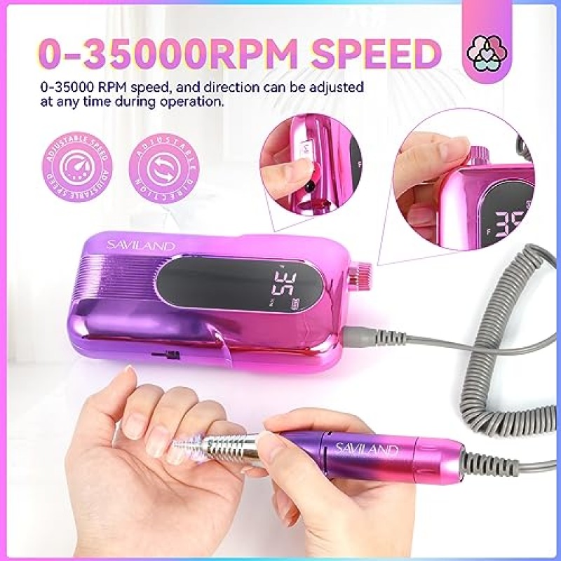 Saviland Electric Nail Drill Kit - 아크릴 네일용 전기 네일 EFiles 드릴 비트 포함 35000RPM 네일 아트 제거용 샌딩 밴드 네일 케어 충전식 페디큐어 키트 매니큐어 세트 홈