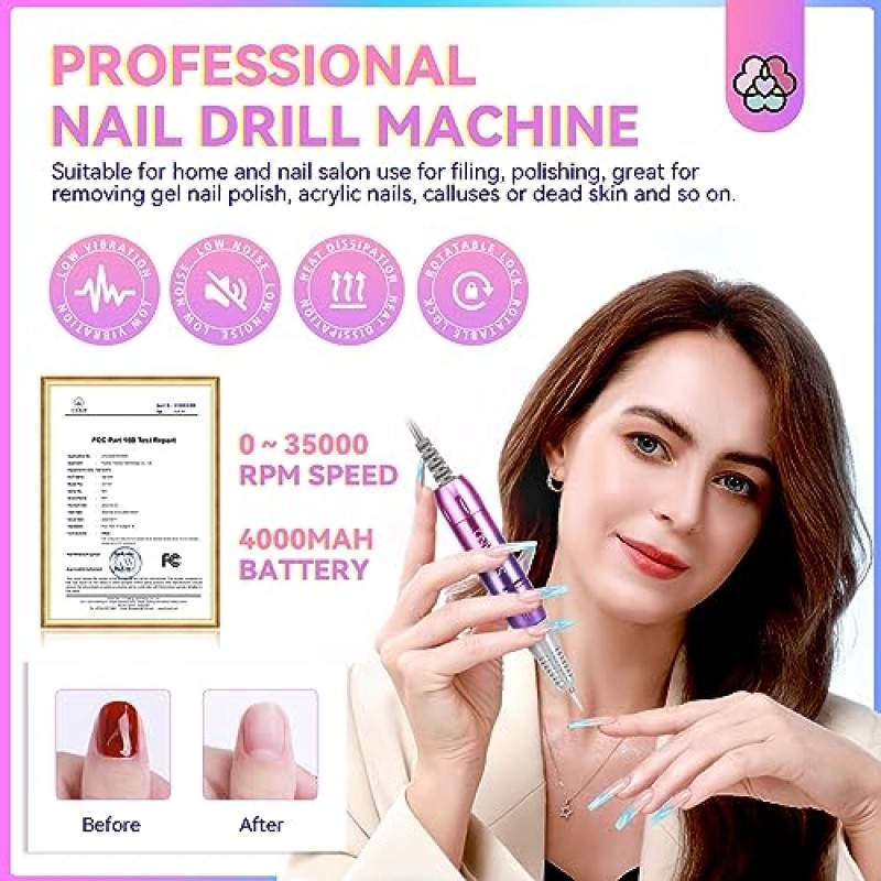 Saviland Electric Nail Drill Kit - 아크릴 네일용 전기 네일 EFiles 드릴 비트 포함 35000RPM 네일 아트 제거용 샌딩 밴드 네일 케어 충전식 페디큐어 키트 매니큐어 세트 홈