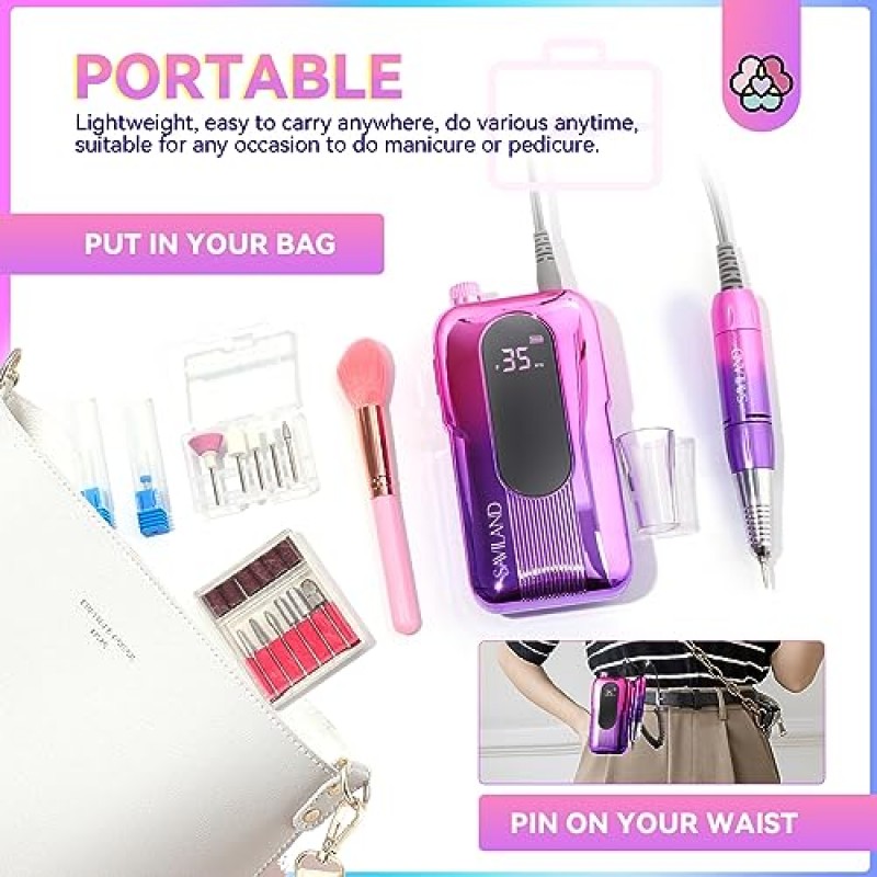 Saviland Electric Nail Drill Kit - 아크릴 네일용 전기 네일 EFiles 드릴 비트 포함 35000RPM 네일 아트 제거용 샌딩 밴드 네일 케어 충전식 페디큐어 키트 매니큐어 세트 홈