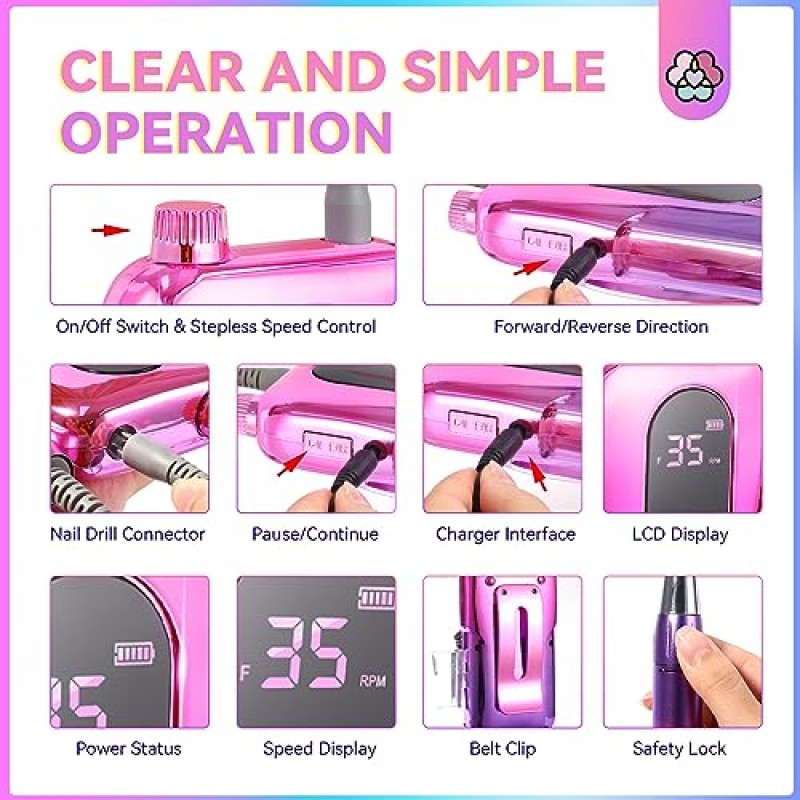 Saviland Electric Nail Drill Kit - 아크릴 네일용 전기 네일 EFiles 드릴 비트 포함 35000RPM 네일 아트 제거용 샌딩 밴드 네일 케어 충전식 페디큐어 키트 매니큐어 세트 홈