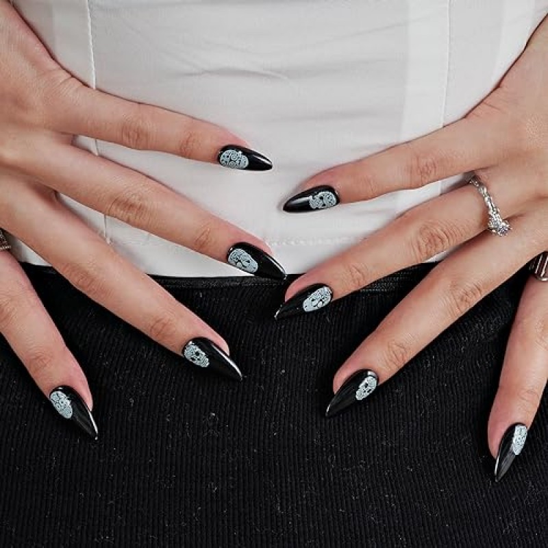 GLAMERMAID Press on Nails 할로윈을 위한 짧은 아몬드, 두개골 디자인이 있는 고딕 블랙 야광 가짜 손톱 젤 여성용 네일에 중간 타원형 수제 접착제, 네일에 재사용 가능한 아크릴 허위 네일 키트 스틱