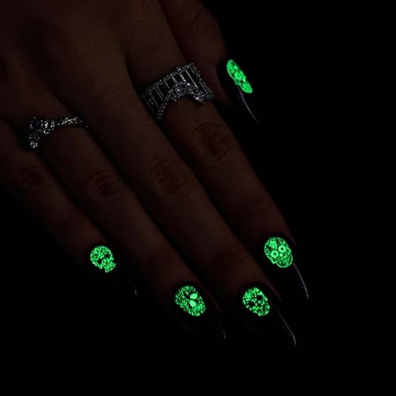 GLAMERMAID Press on Nails 할로윈을 위한 짧은 아몬드, 두개골 디자인이 있는 고딕 블랙 야광 가짜 손톱 젤 여성용 네일에 중간 타원형 수제 접착제, 네일에 재사용 가능한 아크릴 허위 네일 키트 스틱