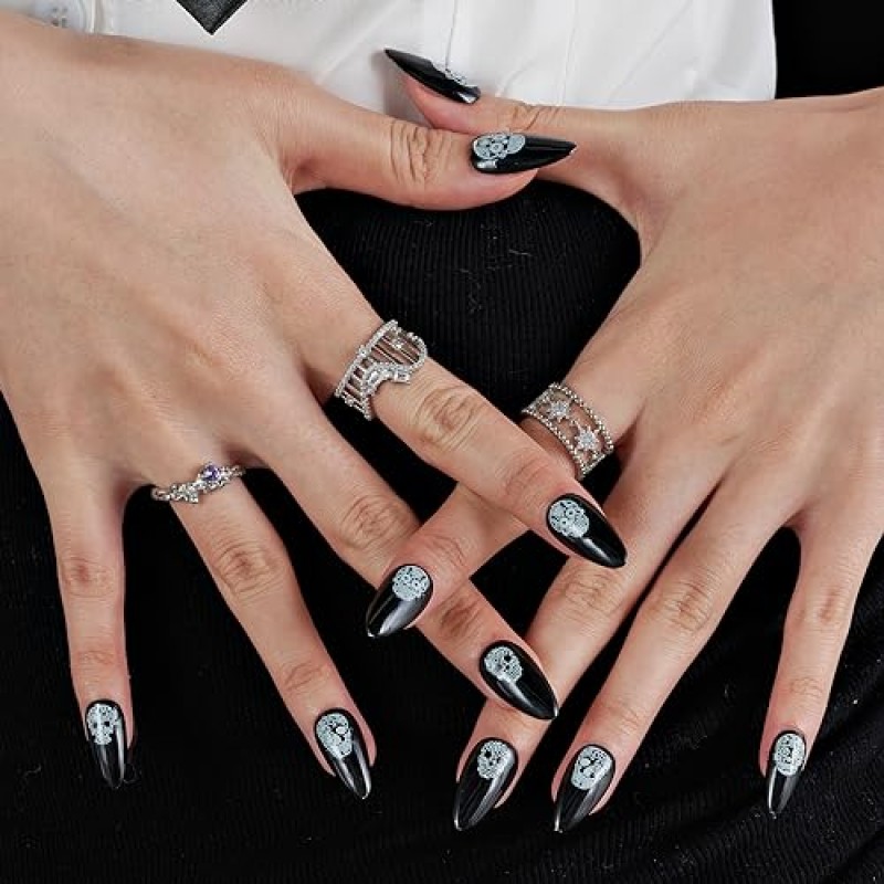 GLAMERMAID Press on Nails 할로윈을 위한 짧은 아몬드, 두개골 디자인이 있는 고딕 블랙 야광 가짜 손톱 젤 여성용 네일에 중간 타원형 수제 접착제, 네일에 재사용 가능한 아크릴 허위 네일 키트 스틱