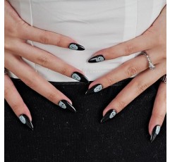 GLAMERMAID Press on Nails 할로윈을 위한 짧은 아몬드, 두개골 디자인이 있는 고딕 블랙 야광 가짜 손톱 젤 여성용 네일에 중간 타원형 수제 접착제, 네일에 재사용 가능한 아크릴 허위 네일 키트 스틱