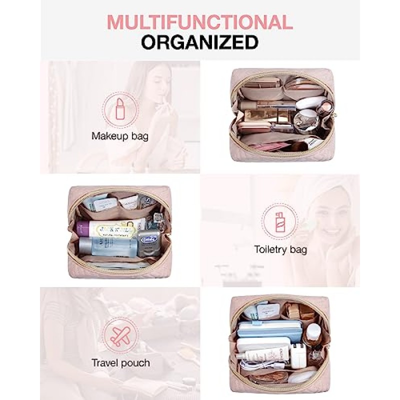 BAGSMART 소형 메이크업 가방, 여행용 화장품 가방 메이크업 파우치 여성용 소형 여행 필수품 기숙사 방 필수 파우치, 방수 세면 용품 가방, 메이크업 정리 가방, 핑크