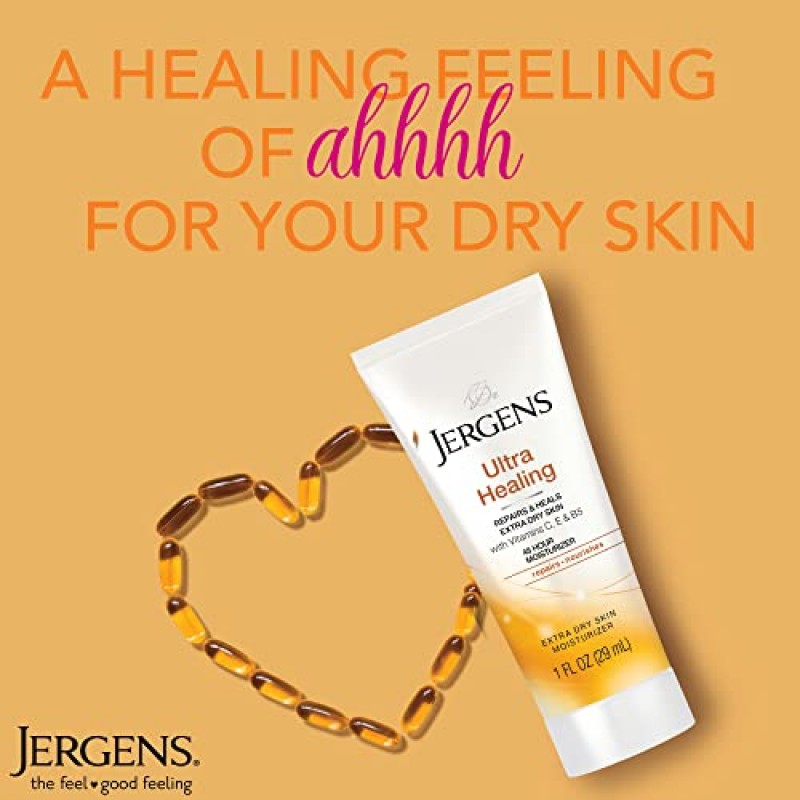 Jergens 울트라 힐링 건성 피부 모이스처라이저, 여행용 사이즈 바디 앤 핸드 로션, 매우 건조한 피부용, 손을 씻은 후 사용, HYDRALUCENCE 블렌드, 비타민 C, E, B5, 1 Fl Oz (24개 팩)