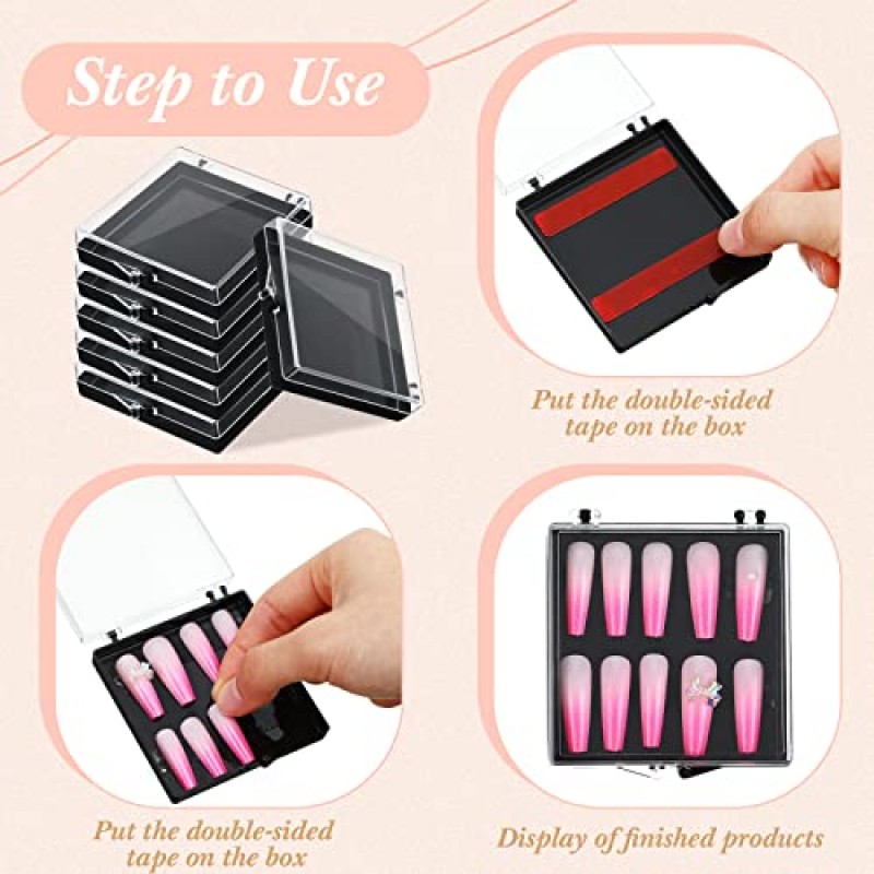30 Pcs 접착 양면 테이프가있는 네일 보관 상자에 15 Pcs 프레스 인공 손톱 디스플레이 보관 상자 아크릴 네일 박스 주최자 케이스 네일 살롱 용 투명 네일 포장 상자 (검은색)
