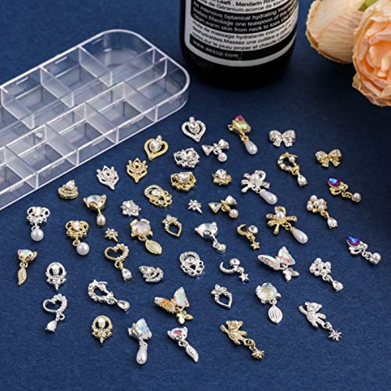 48 Pcs 매달려 네일 매력 손톱에 대 한 럭셔리 라인 석 심장 매력 골드 실버 네일 보석 크리스탈 금속 네일 다이아몬드 돌 3D 손톱 아트 장식 보석 만들기, 24 스타일