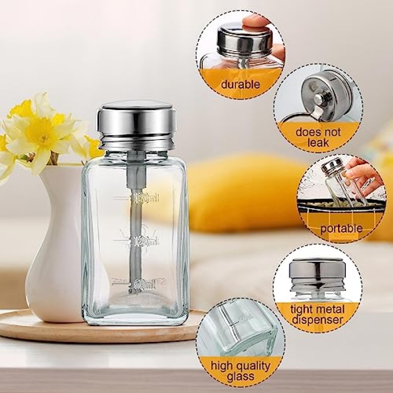 Lallisa 2 Pcs 6 Oz/ 180 ml 금속 플립 커버가있는 투명 펌프 디스펜서 병 유리 매니큐어 리무버 푸시 다운 디스펜서 병 메이크업 리무버 용 리필 형 푸시 다운 펌프 디스펜서 프레스 컨테이너
