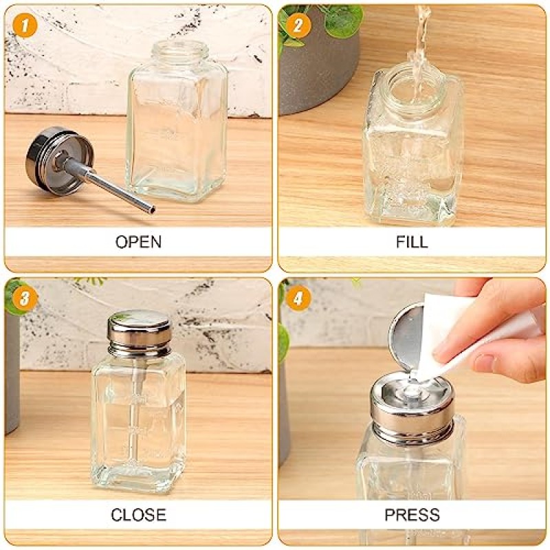 Lallisa 2 Pcs 6 Oz/ 180 ml 금속 플립 커버가있는 투명 펌프 디스펜서 병 유리 매니큐어 리무버 푸시 다운 디스펜서 병 메이크업 리무버 용 리필 형 푸시 다운 펌프 디스펜서 프레스 컨테이너