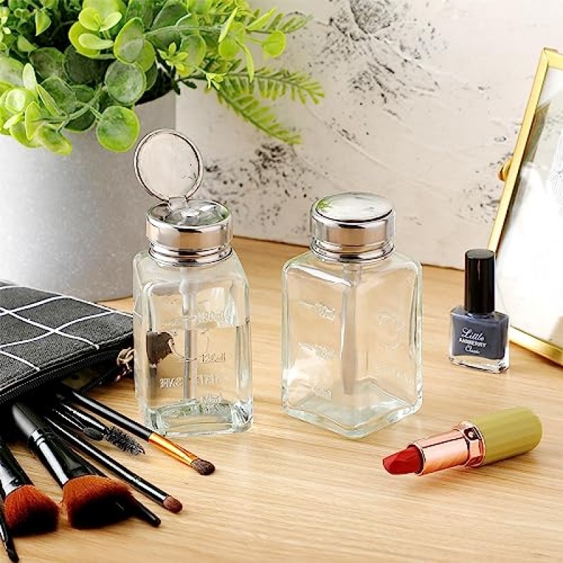 Lallisa 2 Pcs 6 Oz/ 180 ml 금속 플립 커버가있는 투명 펌프 디스펜서 병 유리 매니큐어 리무버 푸시 다운 디스펜서 병 메이크업 리무버 용 리필 형 푸시 다운 펌프 디스펜서 프레스 컨테이너