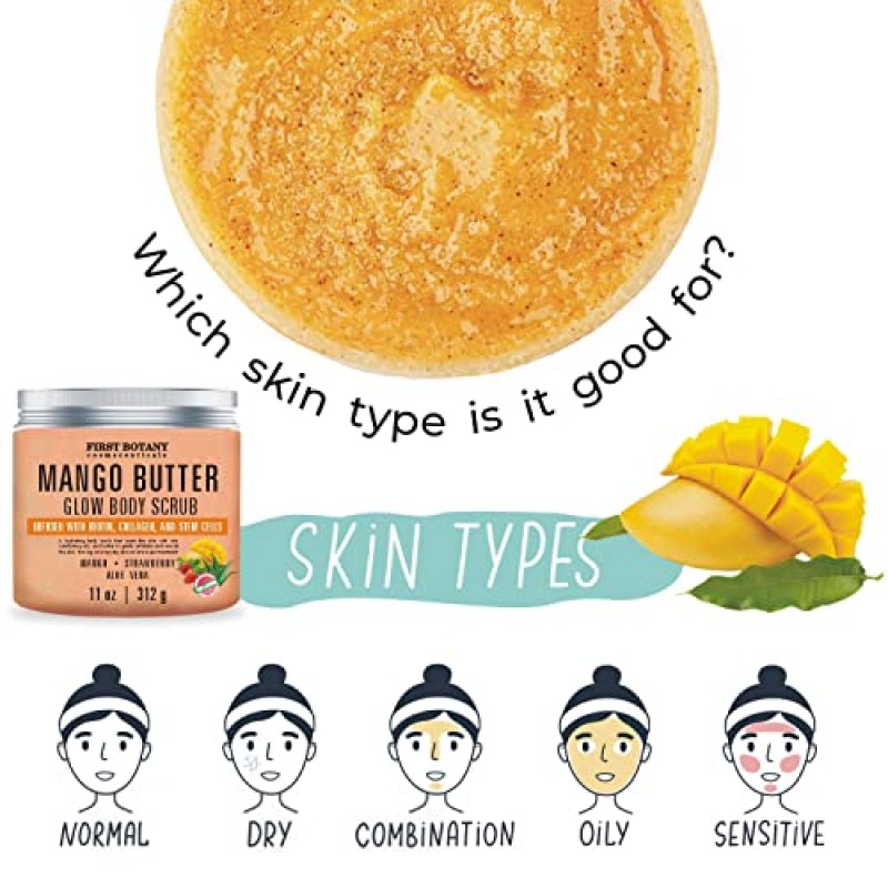 망고 버터 바디 스크럽 각질 제거제 비오틴, 콜라겐, 줄기 세포 - 천연 각질 제거 소금 스크럽 & 바디 & 페이스 수플레, 헤어 스크럽은 피부 보습, 여드름, 셀룰라이트, 죽은 피부 흉터, 주름에 도움이 됩니다. - 11온스
