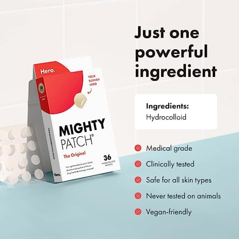 Hero Cosmetics의 Mighty Patch™ 오리지널 패치 - 여드름과 잡티를 덮는 하이드로콜로이드 여드름 여드름 패치, 얼굴과 피부용 스팟 스티커, 채식주의자 친화적이며 동물 테스트를 거치지 않음(36개)