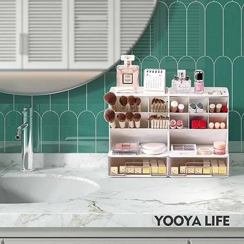 YOOYA LIFE 메이크업 정리함 및 보관함, 세면대 수조 욕실용 아크릴 화장품 정리함, 메이크업 브러쉬 홀더 정리함, 소녀들을 위한 화장 용품