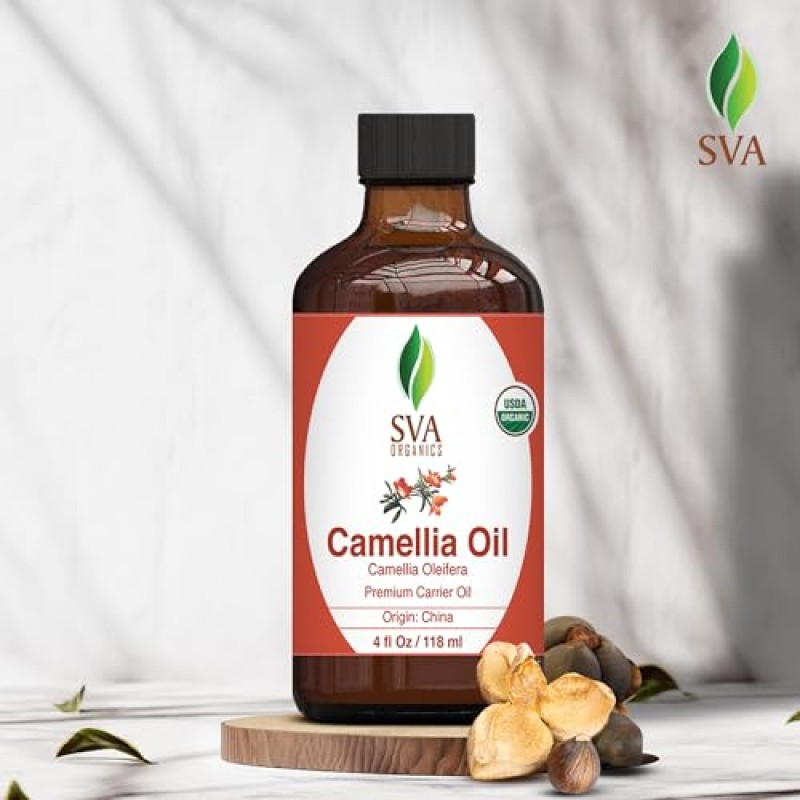 SVA 카멜리아 오일 4온스(118ml) 스킨 케어, 헤어 케어, 네일 케어, 두피 마사지 및 화장품용 스포이드가 포함된 프리미엄 캐리어 오일