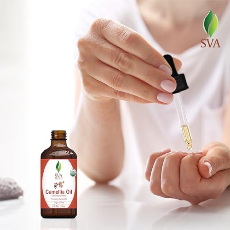 SVA 카멜리아 오일 4온스(118ml) 스킨 케어, 헤어 케어, 네일 케어, 두피 마사지 및 화장품용 스포이드가 포함된 프리미엄 캐리어 오일