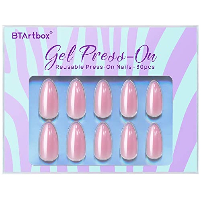 프레스 온 네일 아몬드 - BTArtbox 소프트 젤 프레스 온 네일 핑크 크롬 네일, 가볍고 & 완벽하게 밀착됨, 네일 글루가 포함된 천연 가짜 네일, 15가지 크기의 미디엄 글루 온 네일 - 30 네일 키트, 로터스 글레이즈