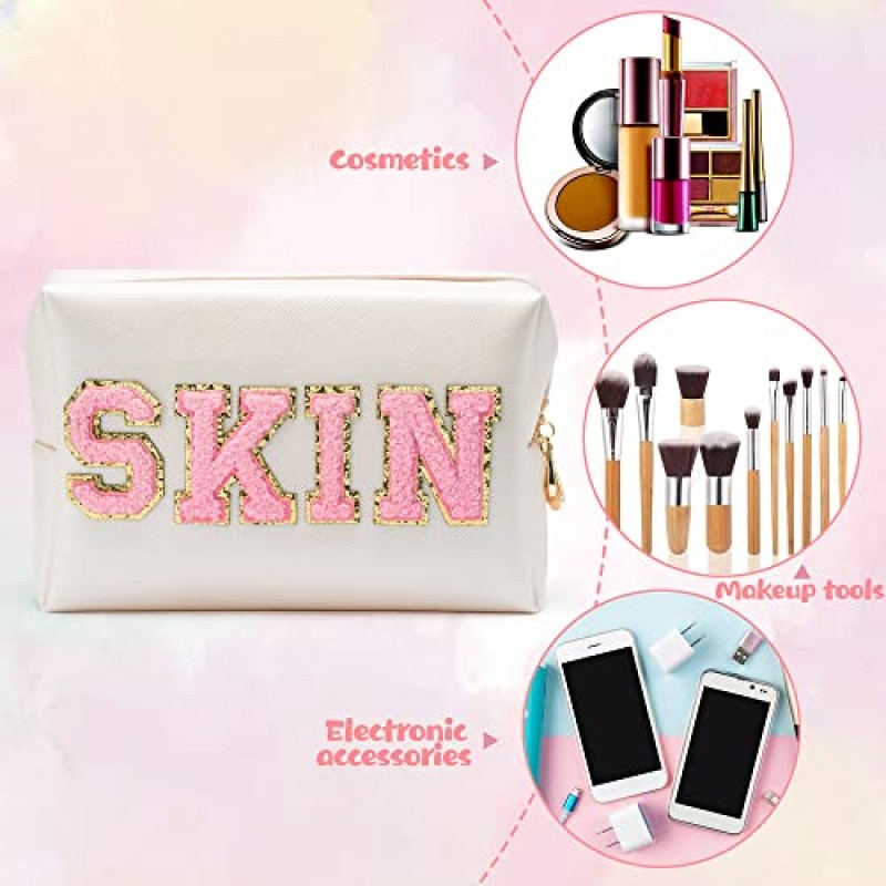 Y1tvei Preppy 패치 스킨 대표팀 편지 화장품 세면 용품 가방 PU 가죽 휴대용 메이크업 가방 지퍼 파우치 보관 지갑 방수 주최자 여성용 선물 Teen Girls Daily Travel Use (Shell Gold)