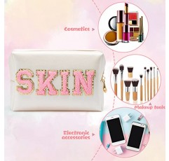 Y1tvei Preppy 패치 스킨 대표팀 편지 화장품 세면 용품 가방 PU 가죽 휴대용 메이크업 가방 지퍼 파우치 보관 지갑 방수 주최자 여성용 선물 Teen Girls Daily Travel Use (Shell Gold)