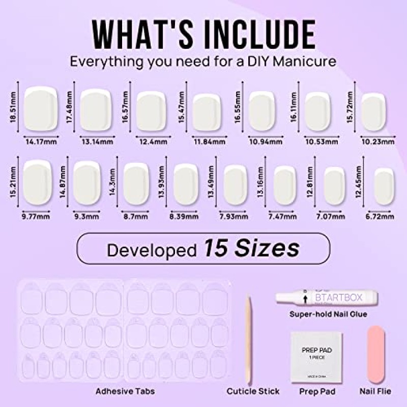 프렌치 팁 프레스 온 네일 쇼트 - BTArtbox 프레스 온 네일 스퀘어, 할로윈 파티용 네일 글루, 15가지 크기의 최고 핏 & 자연 재사용 가능한 네일 스틱 - 30개 인조 네일 키트, 클래식 프렌치