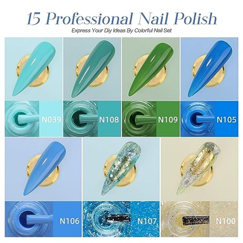 Morovan 매니큐어 세트: 15가지 색상 매니큐어 키트 글로시 매니큐어 핑거 매니큐어 키트 모든 계절을 위한 레인보우 컬러 매니큐어 집에서 DIY 매니큐어