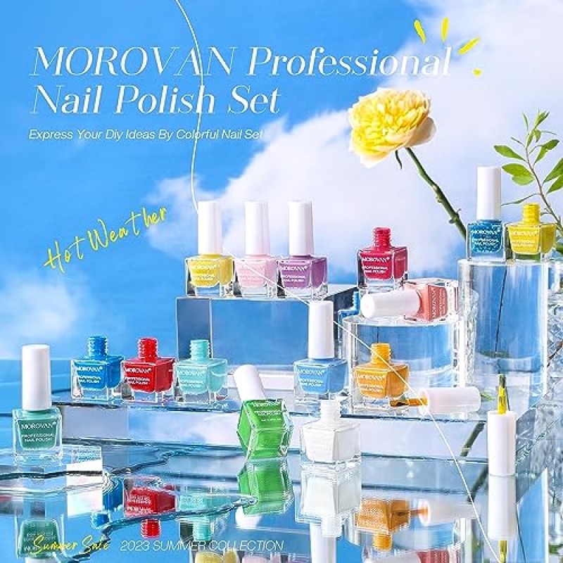 Morovan 매니큐어 세트: 15가지 색상 매니큐어 키트 글로시 매니큐어 핑거 매니큐어 키트 모든 계절을 위한 레인보우 컬러 매니큐어 집에서 DIY 매니큐어