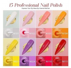 Morovan 매니큐어 세트: 15가지 색상 매니큐어 키트 글로시 매니큐어 핑거 매니큐어 키트 모든 계절을 위한 레인보우 컬러 매니큐어 집에서 DIY 매니큐어