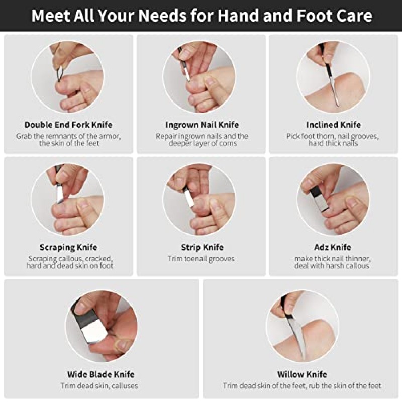PATURI 페디큐어 나이프 키트, 8pcs 검은 발 죽은 굳은 살 제거제 스테인레스 세트, 전문 자란 발톱 강철 도구, 발 스킨 케어 네일 파일 도구 매니큐어 클리퍼 큐티클 스크레이퍼 발가락 면도기