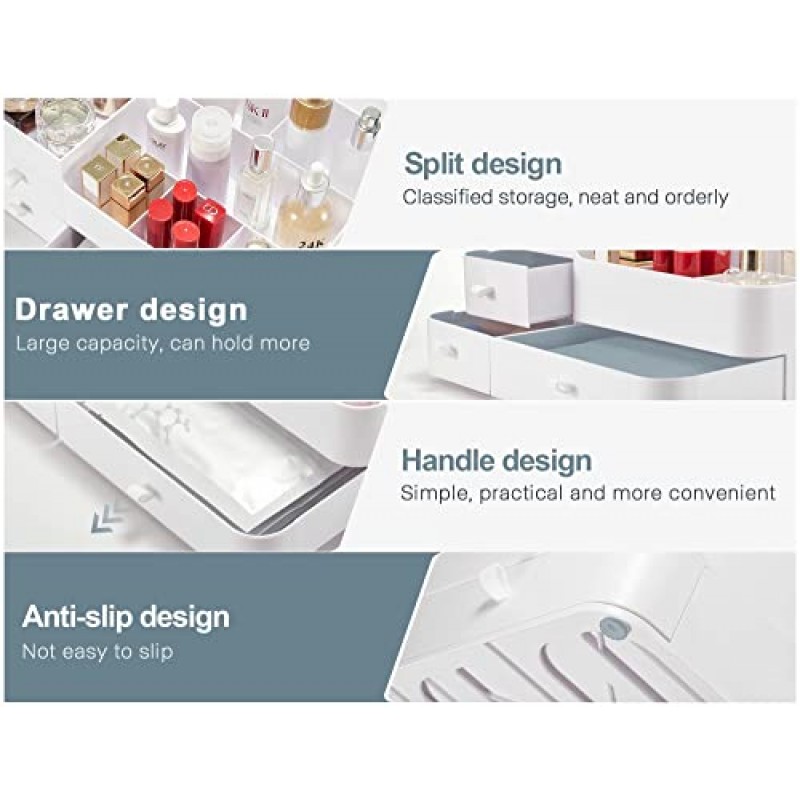 서랍이 있는 ONXE 메이크업 정리함, 화장대, 욕실 및 침실 책상용 대용량 수조 정리함 피부 관리, 브러쉬, 아이섀도, 로션, 립스틱, 매니큐어를 위한 화장품 정리함