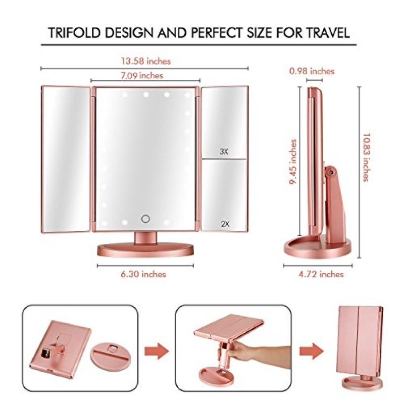 Flymiro 삼중 조명 화장 거울, 3x/2x 배율, 21개의 LED 조명 및 터치 스크린, 180도 자유 회전 수조 화장 거울, 여행용(로즈 골드)
