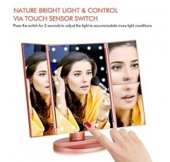 Flymiro 삼중 조명 화장 거울, 3x/2x 배율, 21개의 LED 조명 및 터치 스크린, 180도 자유 회전 수조 화장 거울, 여행용(로즈 골드)