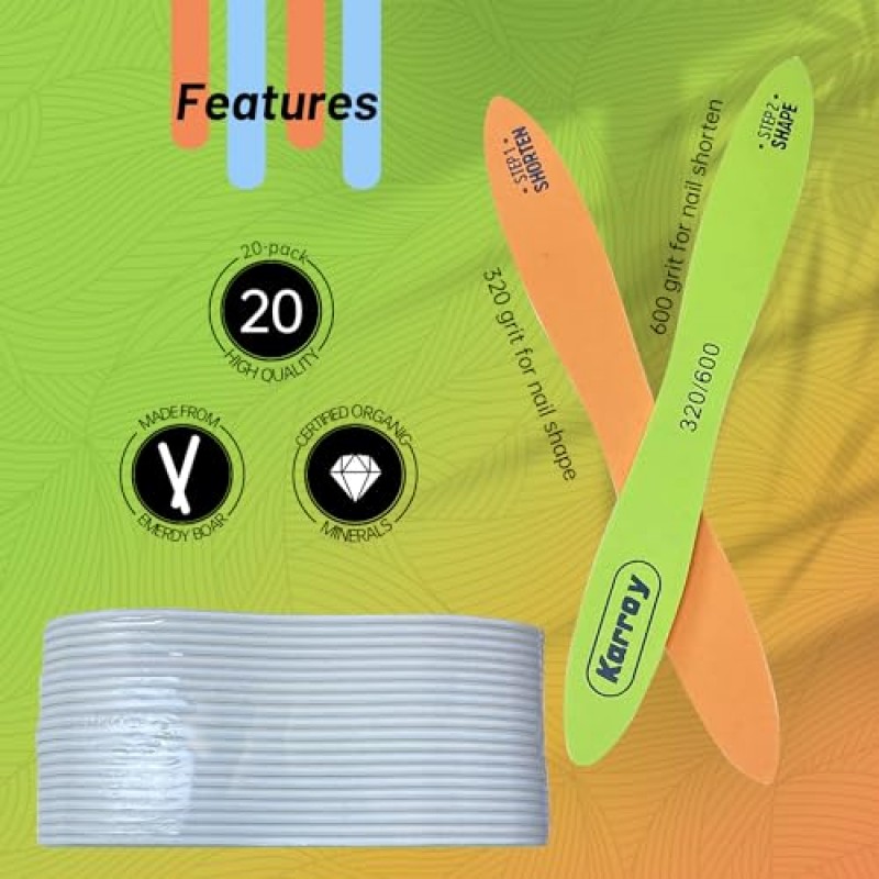 Karroy 네일 파일 및 버퍼 천연 네일용 양면 2단계 단축 및 모양 네일 도구 20개(C-스케이트보드 320/600)