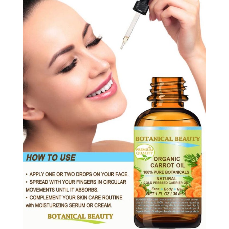 Botanical Beauty 당근 오일 유기농 100% 천연/순수 식물성/냉간 압착 캐리어 오일 0.5 Fl. 온스 -15ml. 얼굴, 몸, 헤어, 네일 케어용